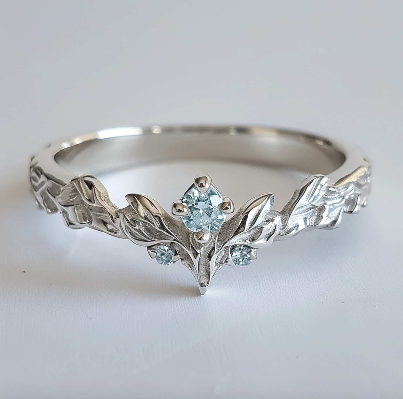 Angel's Wing Aquamarine leafy Wedding Band, Wedding Band for stacking
