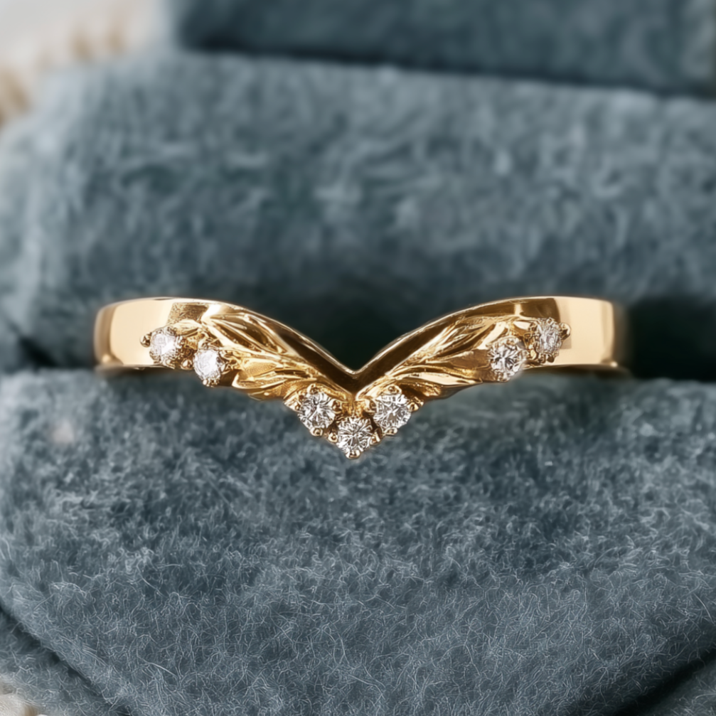 14k Gold Chevron Wedding band, Diamond Wedding stacking Ring for women
