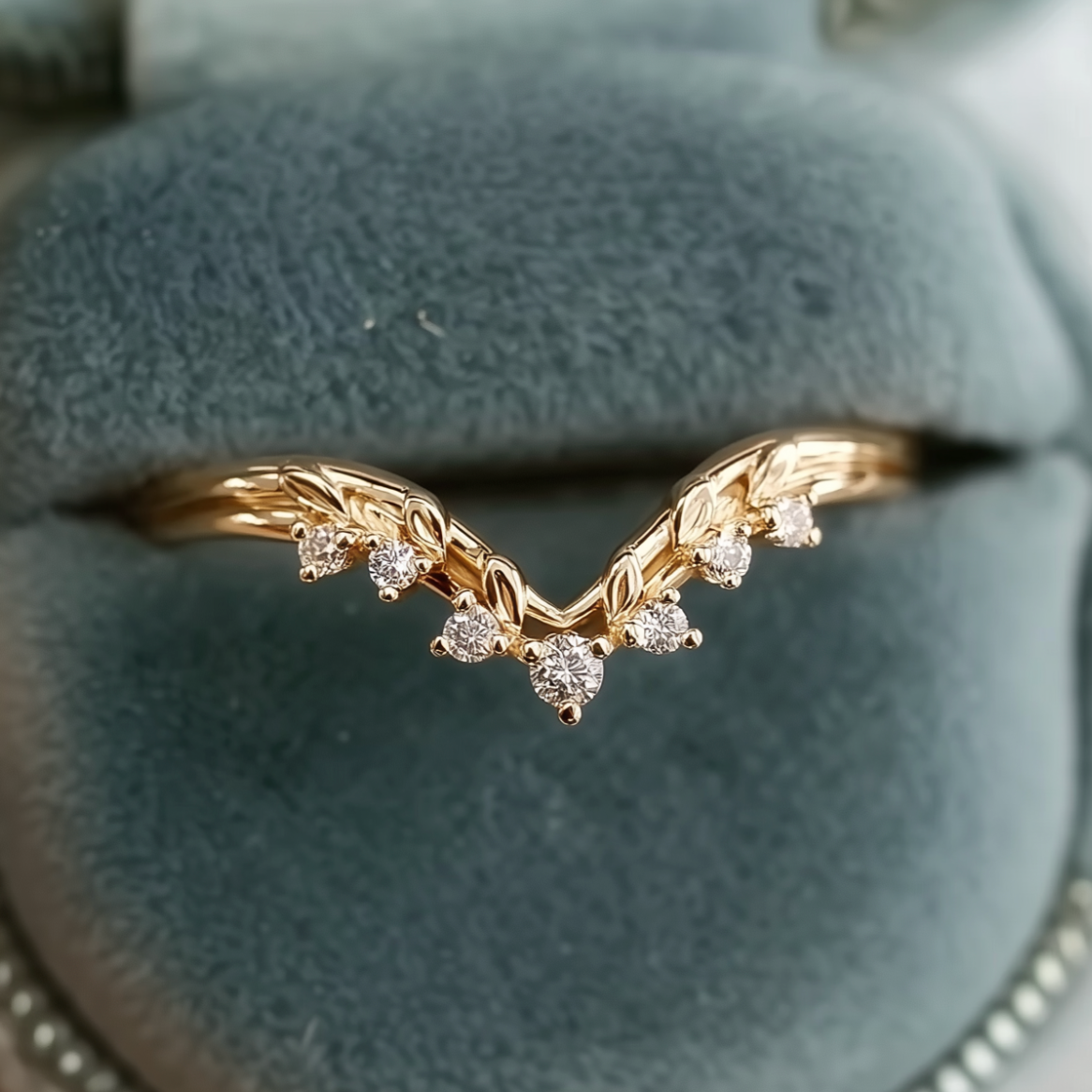 14k Gold Wedding band, Dainty leafy Diamond Wedding stacking Ring for women