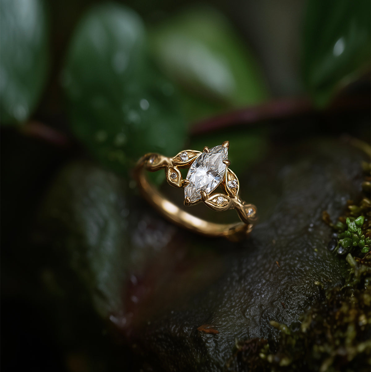 Aurethys Gold Engagement Ring, Twig Lab Diamond Ring