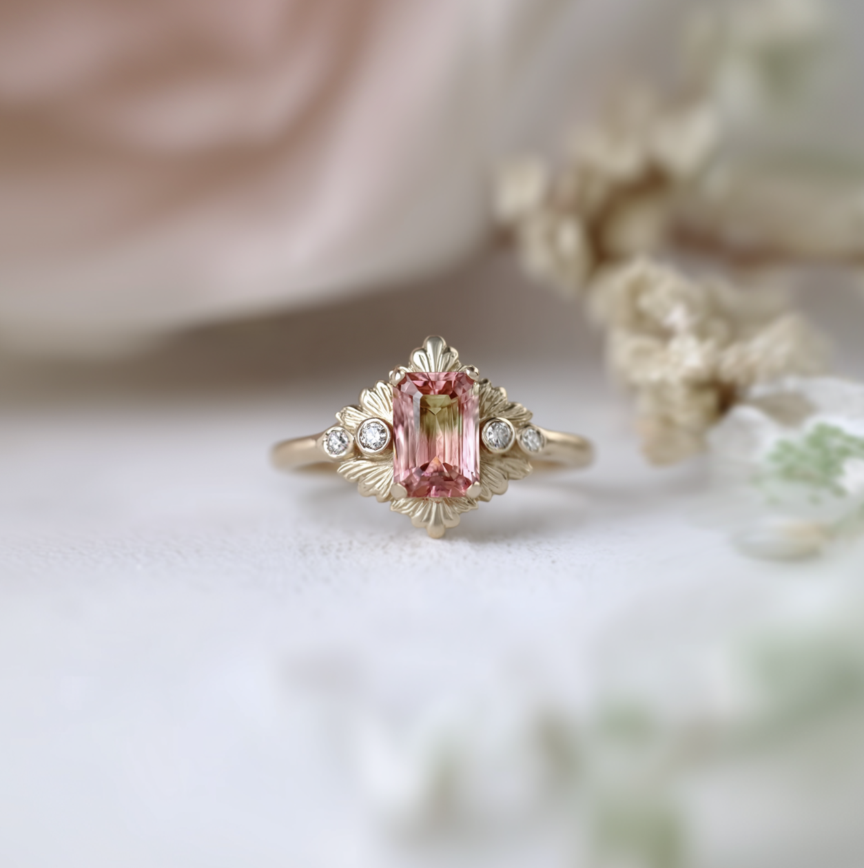 Watermelon tourmaline Engagement Ring, Gold tourmaline Engagement Ring