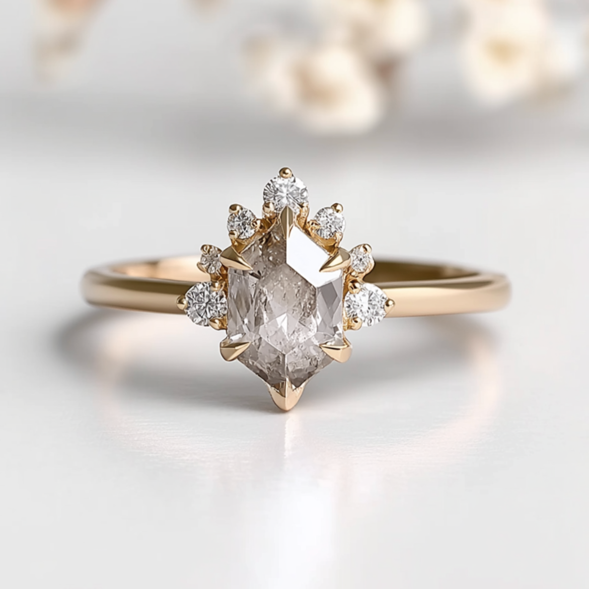 Gold ring with a central diamond and smaller diamonds on a light background