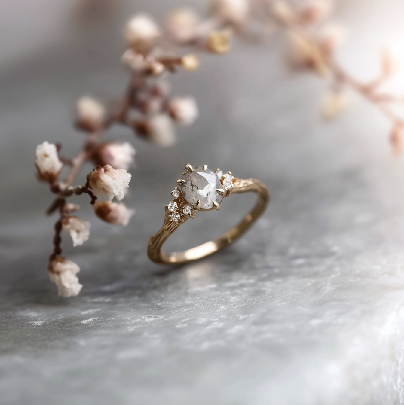 Twilight Veil Twig Salt and Pepper Diamond Ring, Diamond Engagement Ring