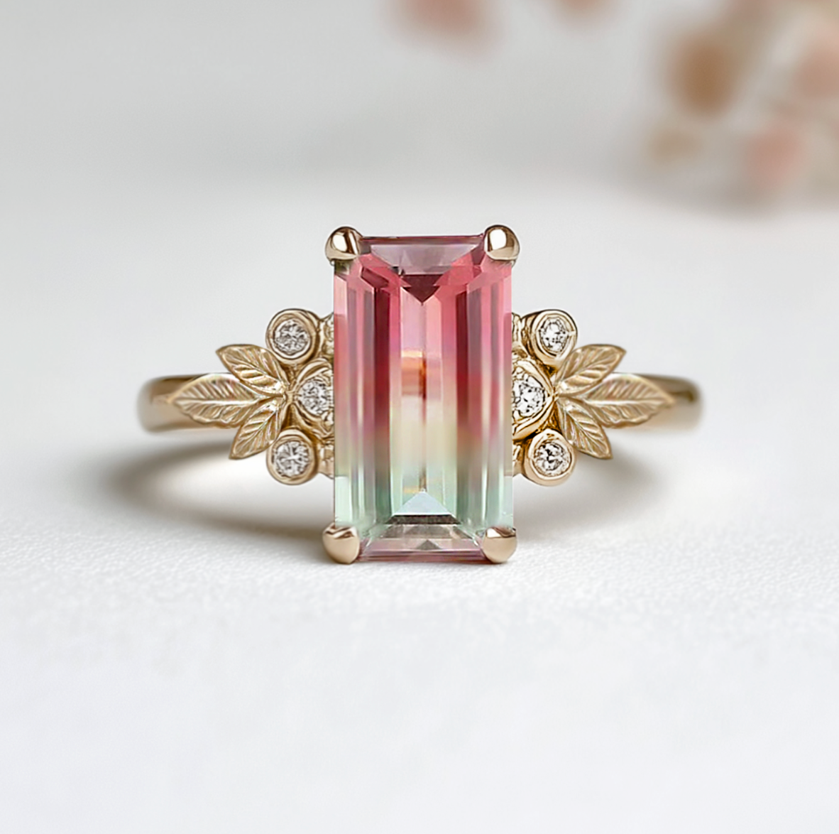Ring with a pink gemstone and gold leaf designs on a white background