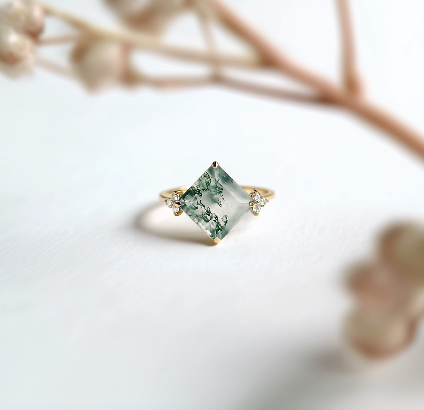14k Gold Square Moss agate ring with diamond, Engagement ring, Moss agate Ring