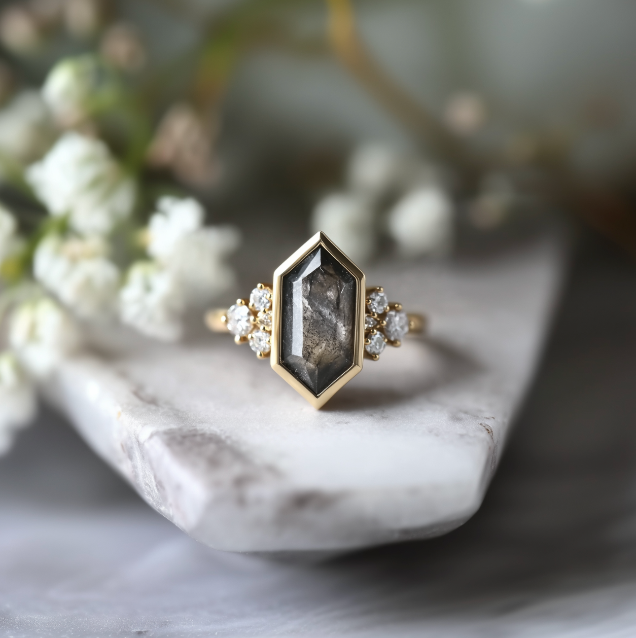 Phantom Ring Black Hexagon Salt and Pepper Diamond Ring, Diamond Engagement Ring