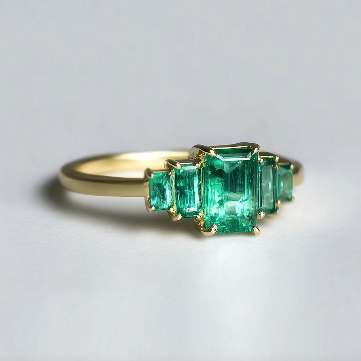 Gold ring with emerald green gemstones on a light gray background