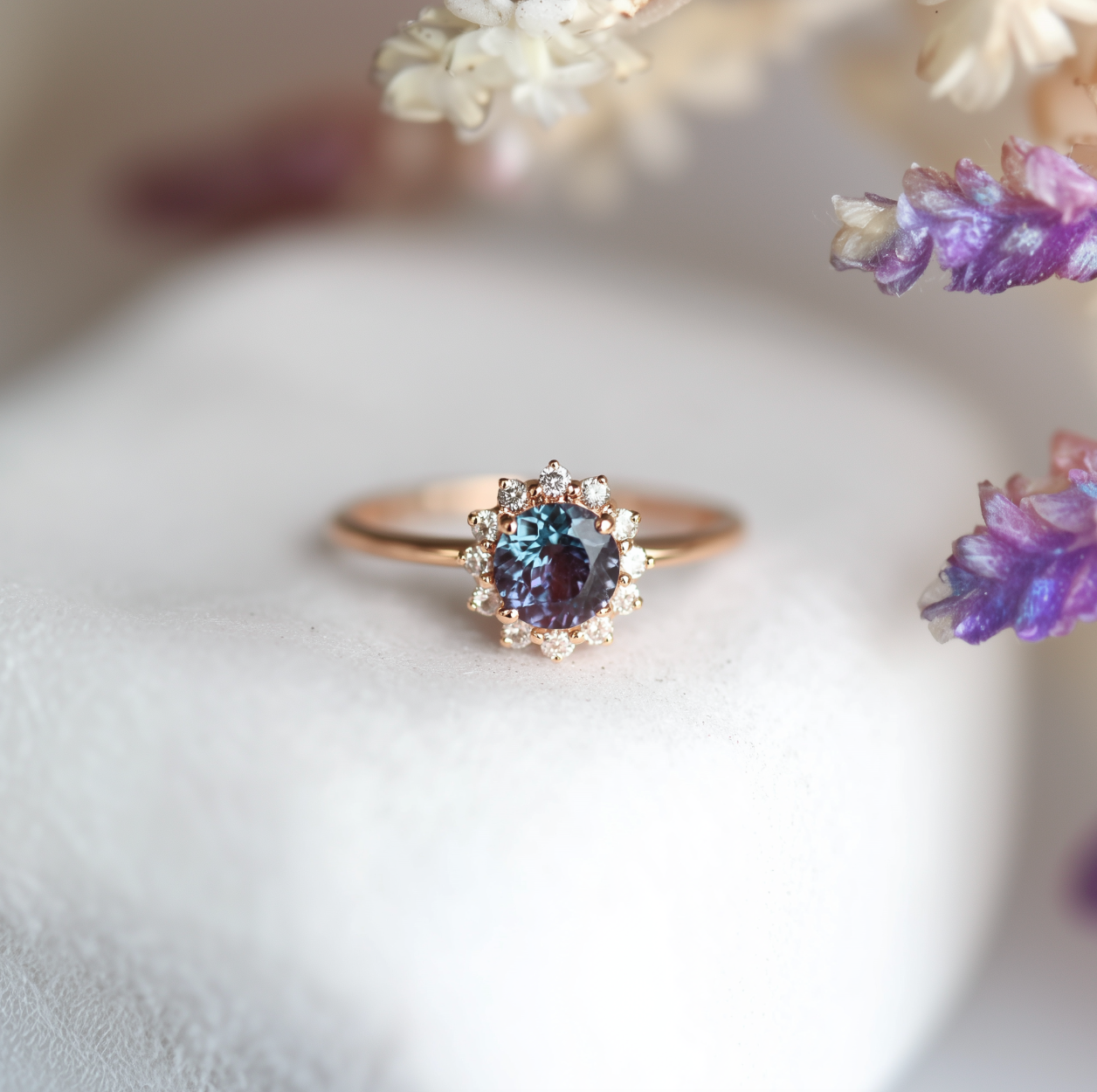 14k Gold Round Alexandrite Engagement ring, Dainty Alexandrite Ring