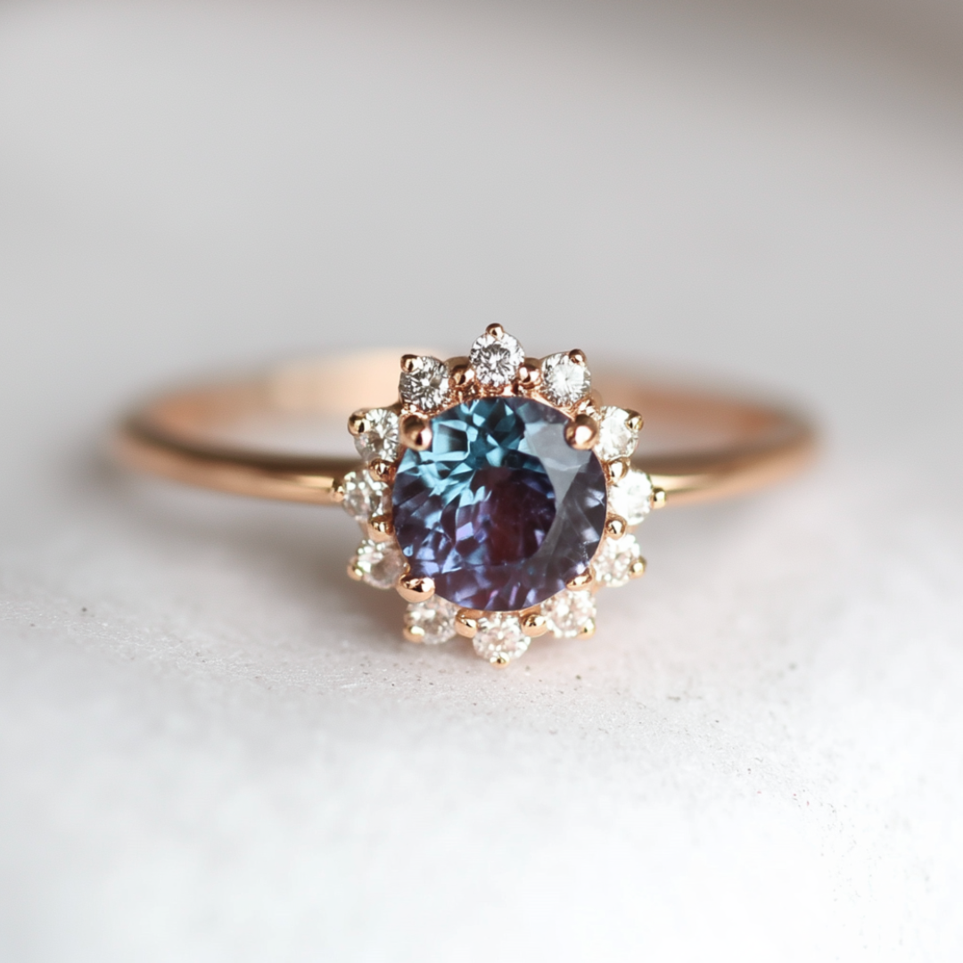 14k Gold Round Alexandrite Engagement ring, Dainty Alexandrite Ring
