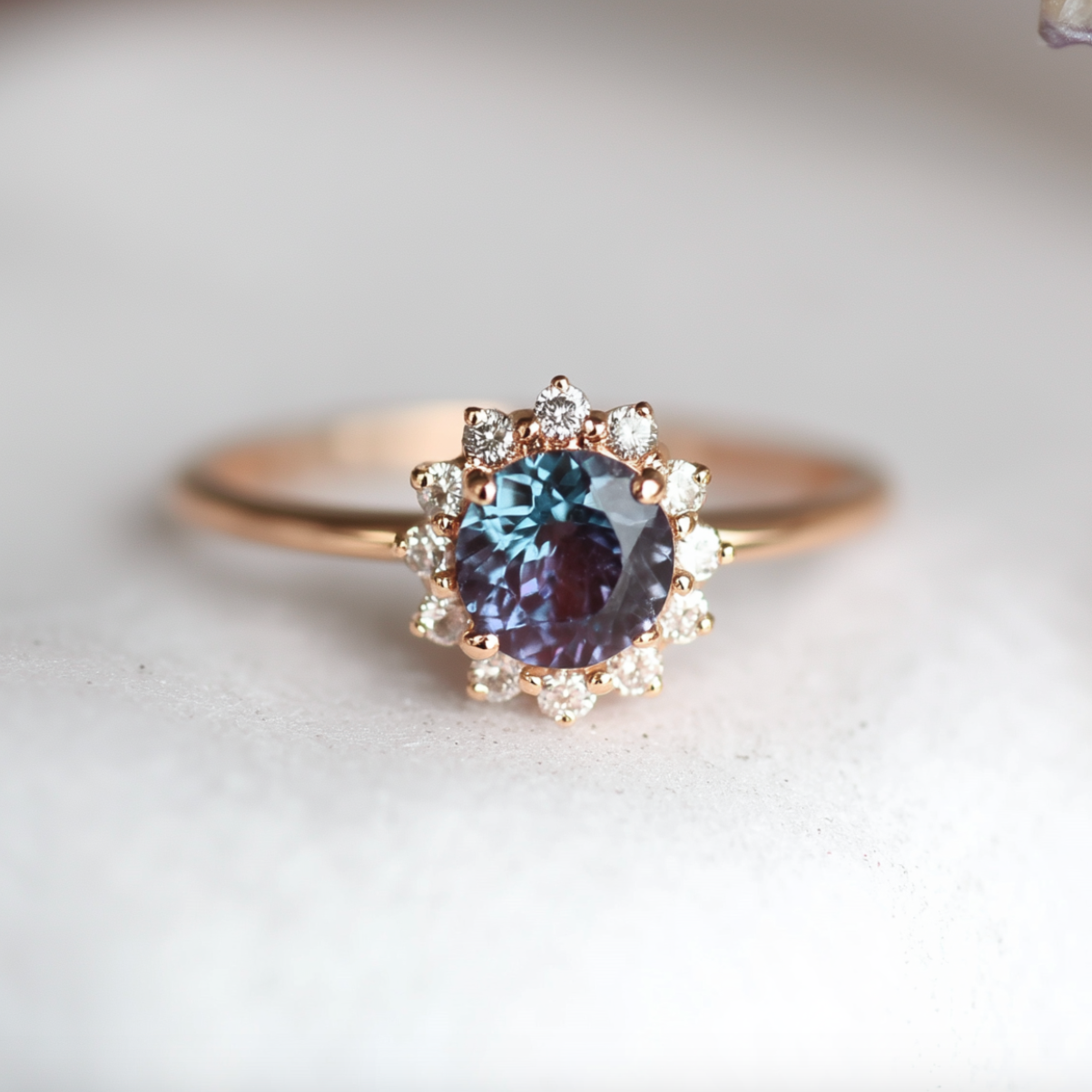14k Gold Round Alexandrite Engagement ring, Dainty Alexandrite Ring
