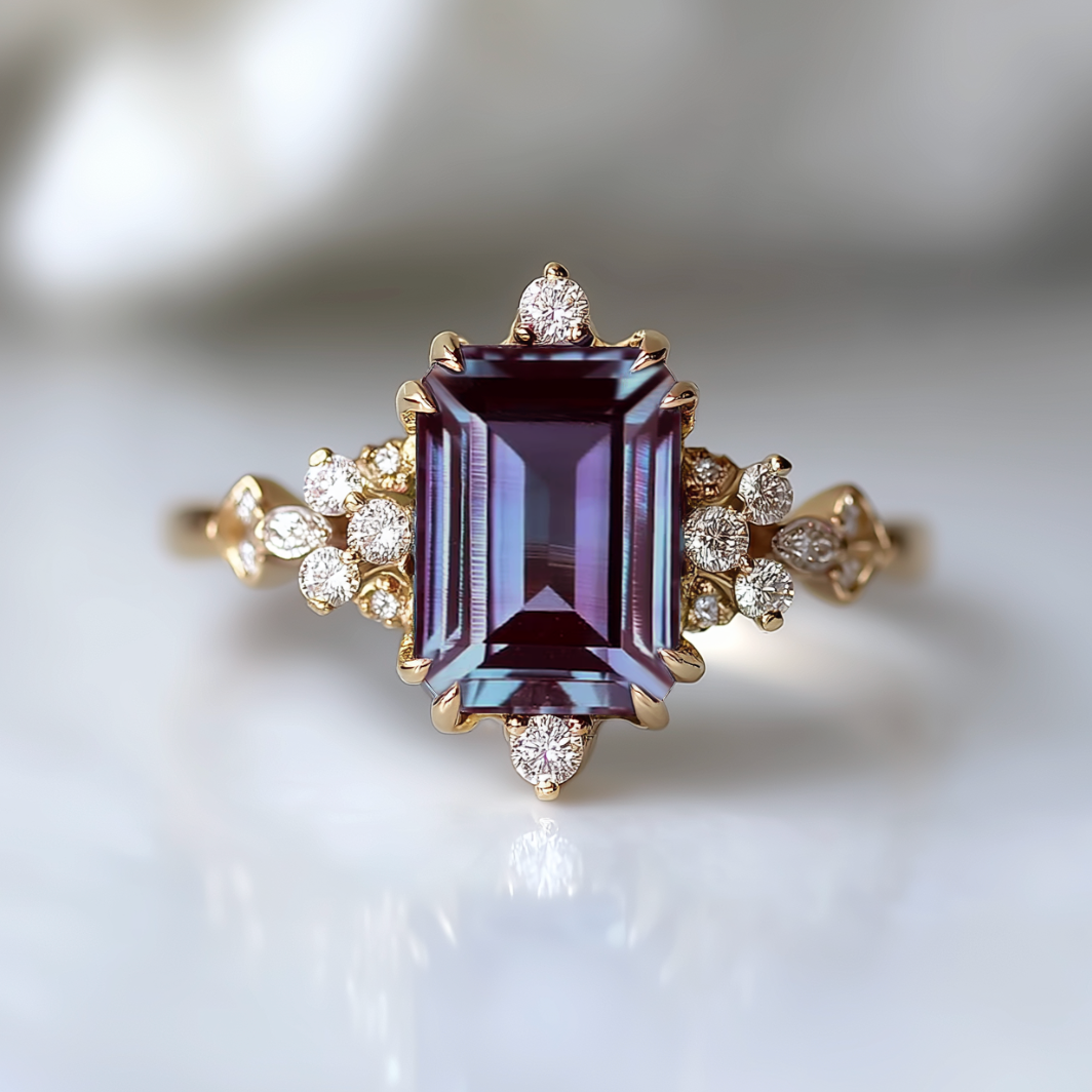 Emerald cut Alexandrite Engagement ring, 14k Gold Dainty Alexandrite Ring