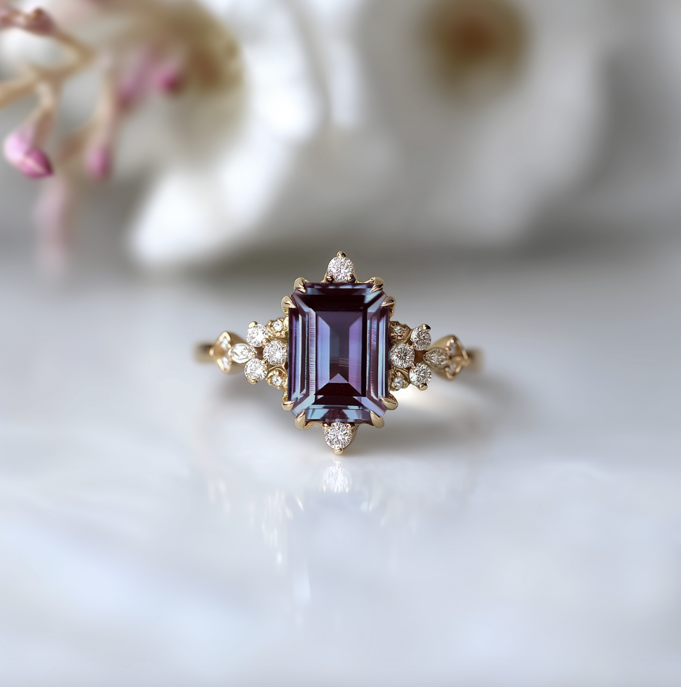 Emerald cut Alexandrite Engagement ring, 14k Gold Dainty Alexandrite Ring