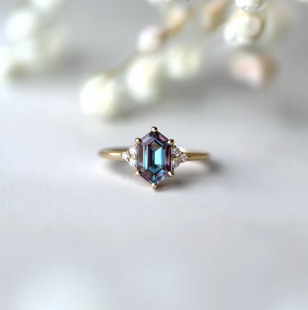 Simple Hexagon Alexandrite Engagement ring, 14k Gold Alexandrite Ring