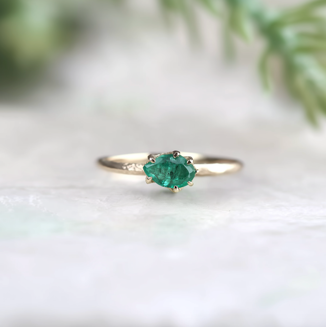 Raw Emerald Engagement Ring, Dainty Emerald Solitary Engagement Ring
