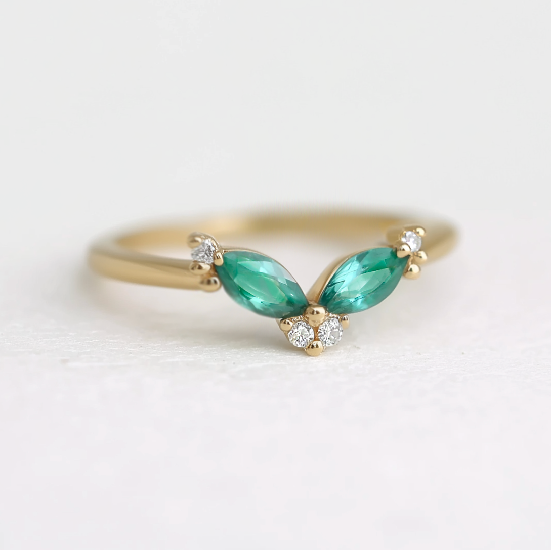 Marquise Emerald Wedding Ring, Dainty Emerald Wedding Band