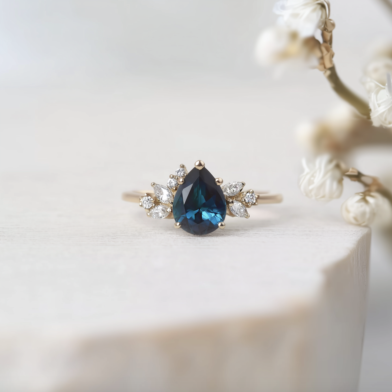 Noctavia Pear cut Blue Sapphire ring, Natural Blue Sapphire Engagement ring