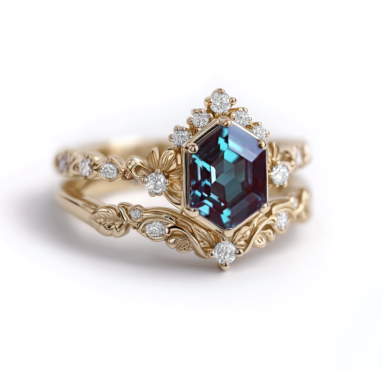 Gold ring with a large alexandrite gemstone and smaller diamonds on a white background