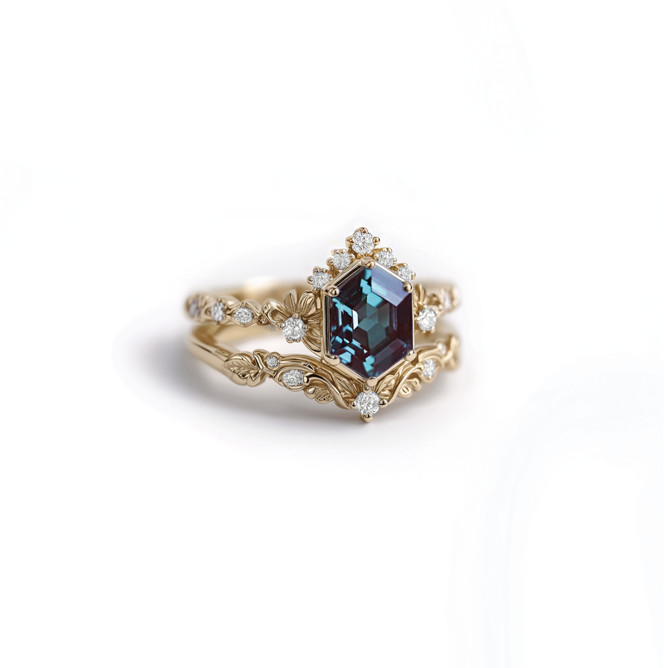 The Aurelia Set Alexandrite Engagement ring, 14k Gold Hexagon Alexandrite Ring