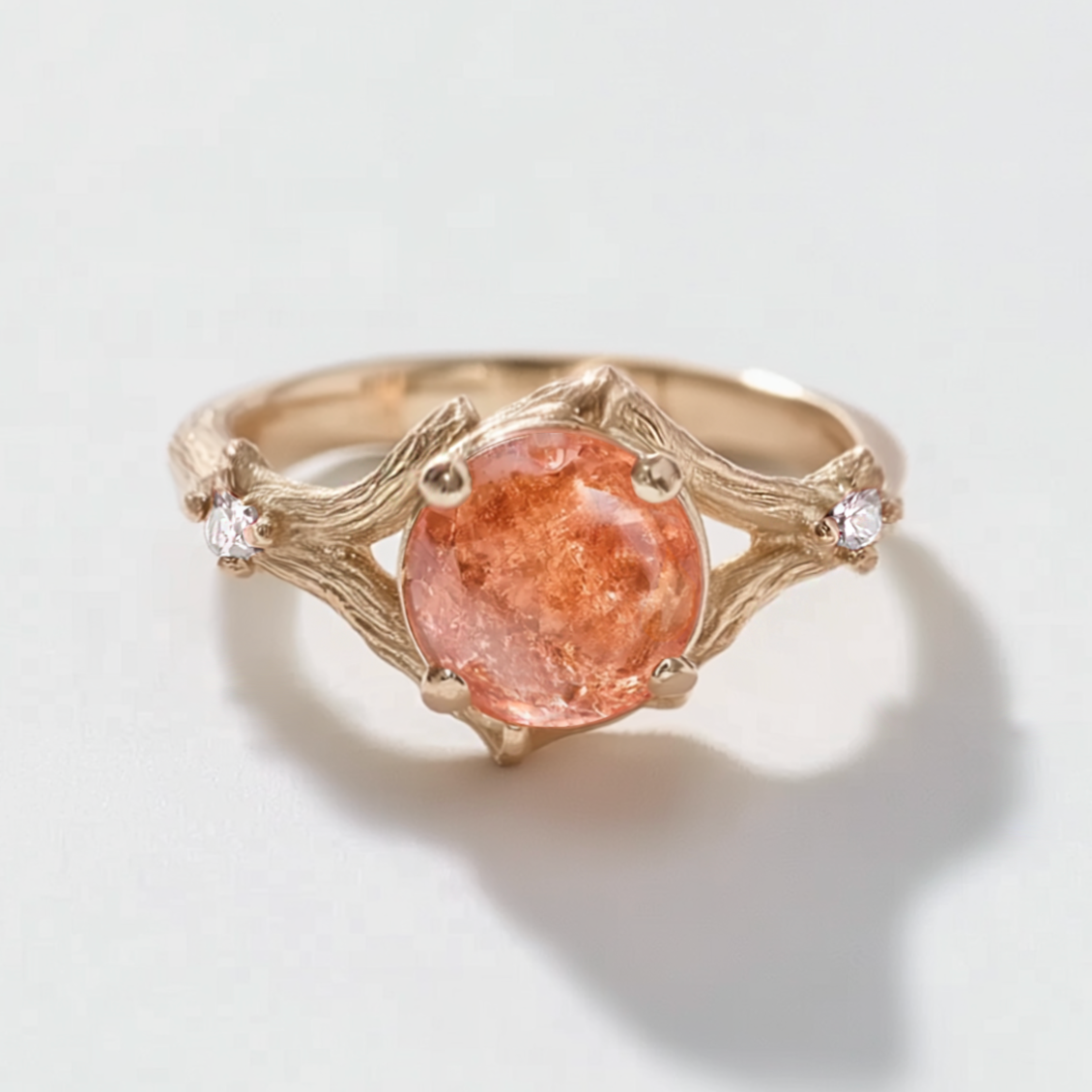 Yellow Gold Sunstone Engagement Ring, Twig Ring Matt Finish For Men and Women