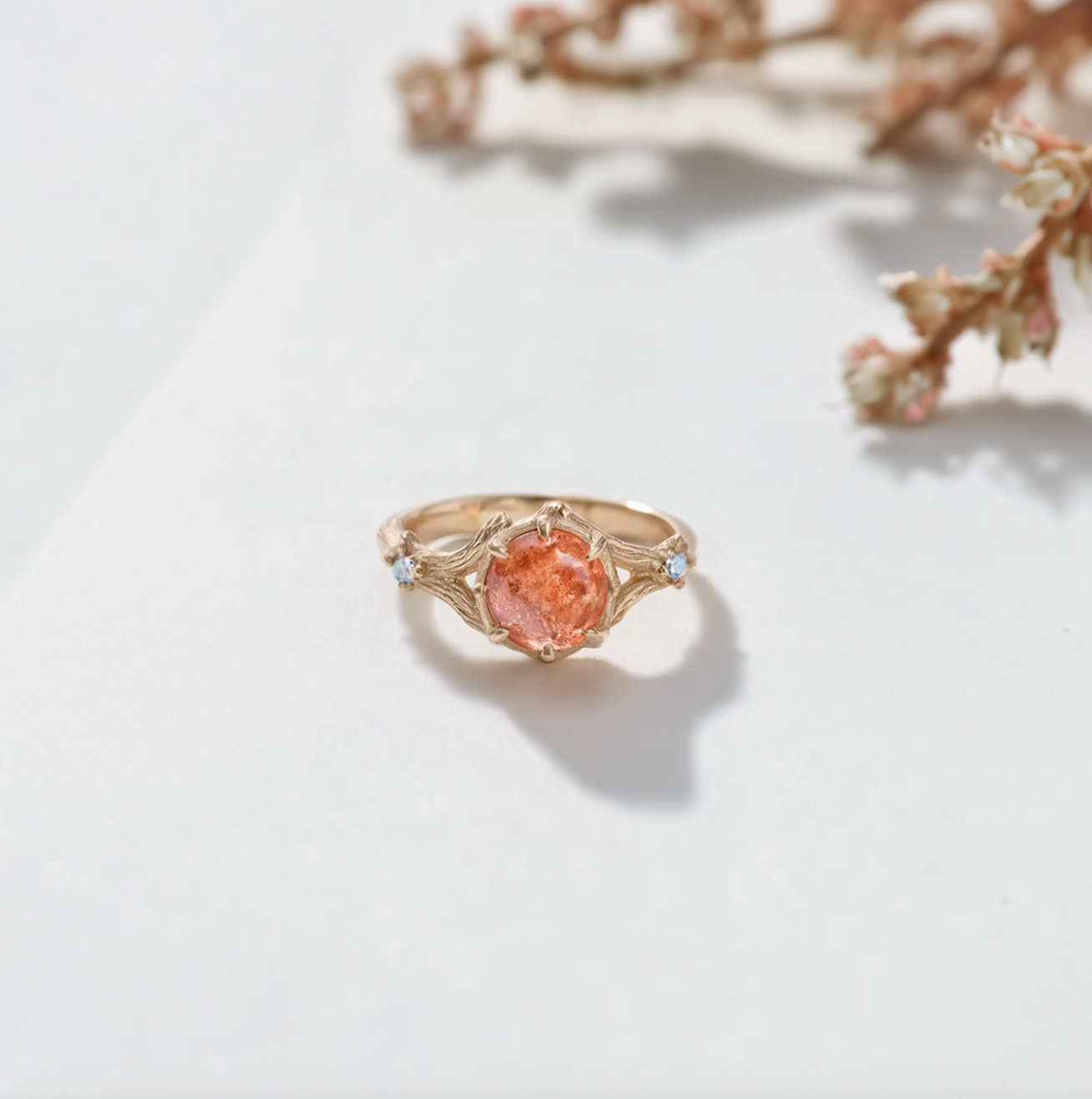 Sun and Moon Sunstone Engagement Ring, Twig Ring Matt Finish For Men and Women