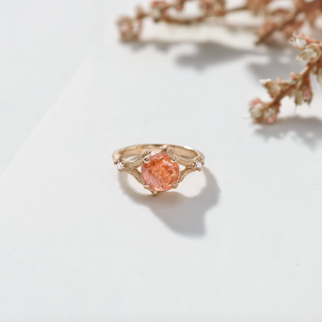 Yellow Gold Sunstone Engagement Ring, Twig Ring Matt Finish For Men and Women