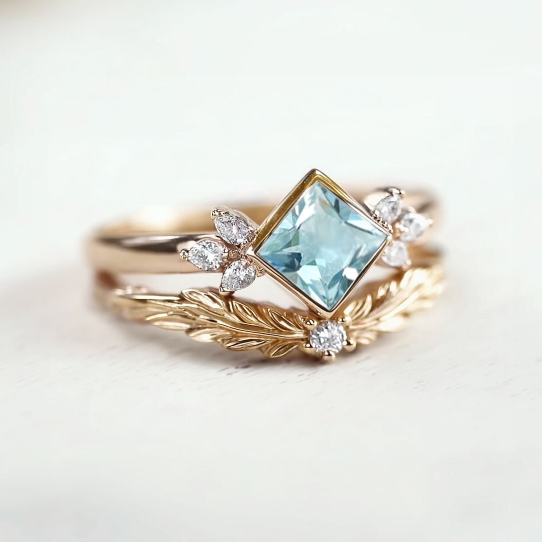Gold ring with a blue gemstone on a white background