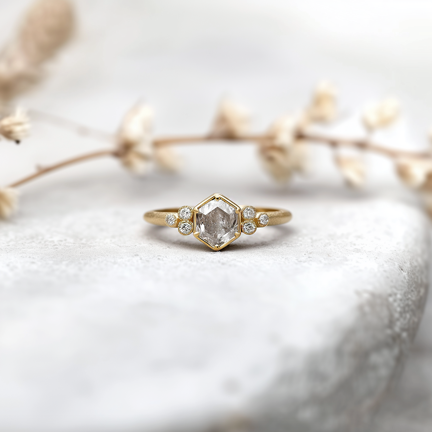Yellow Gold Salt and Pepper Diamond Ring, Gold Diamond Engagement Ring Matt Finish