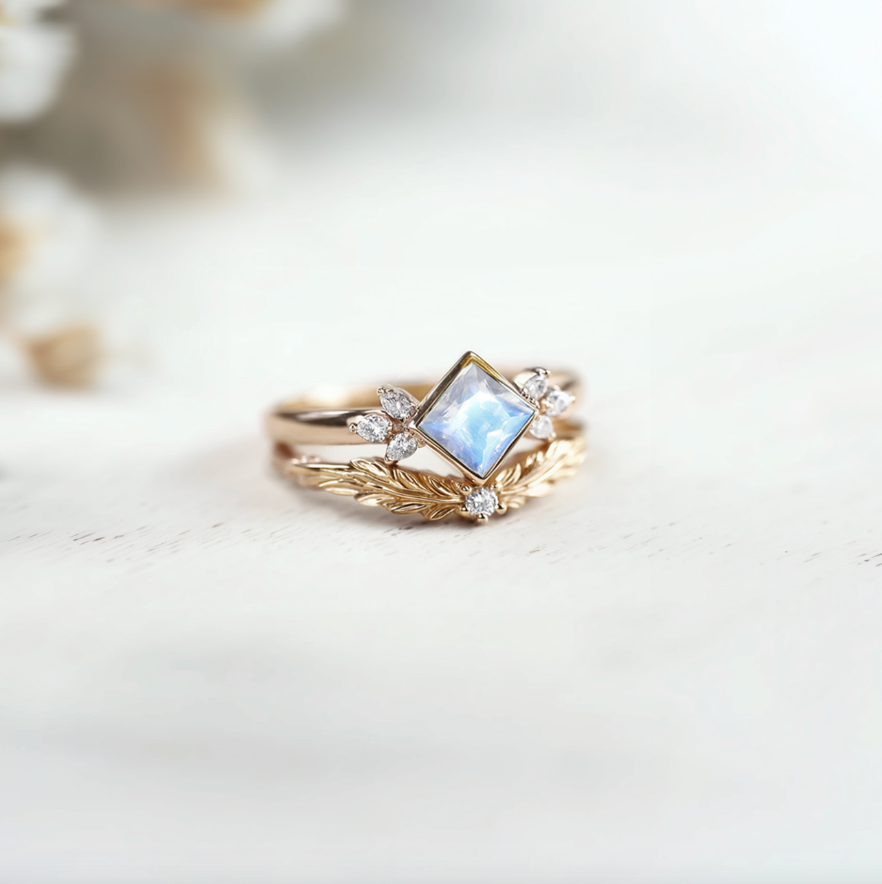 Moonstone Wedding Ring Set, Princess Cut Moonstone Ring