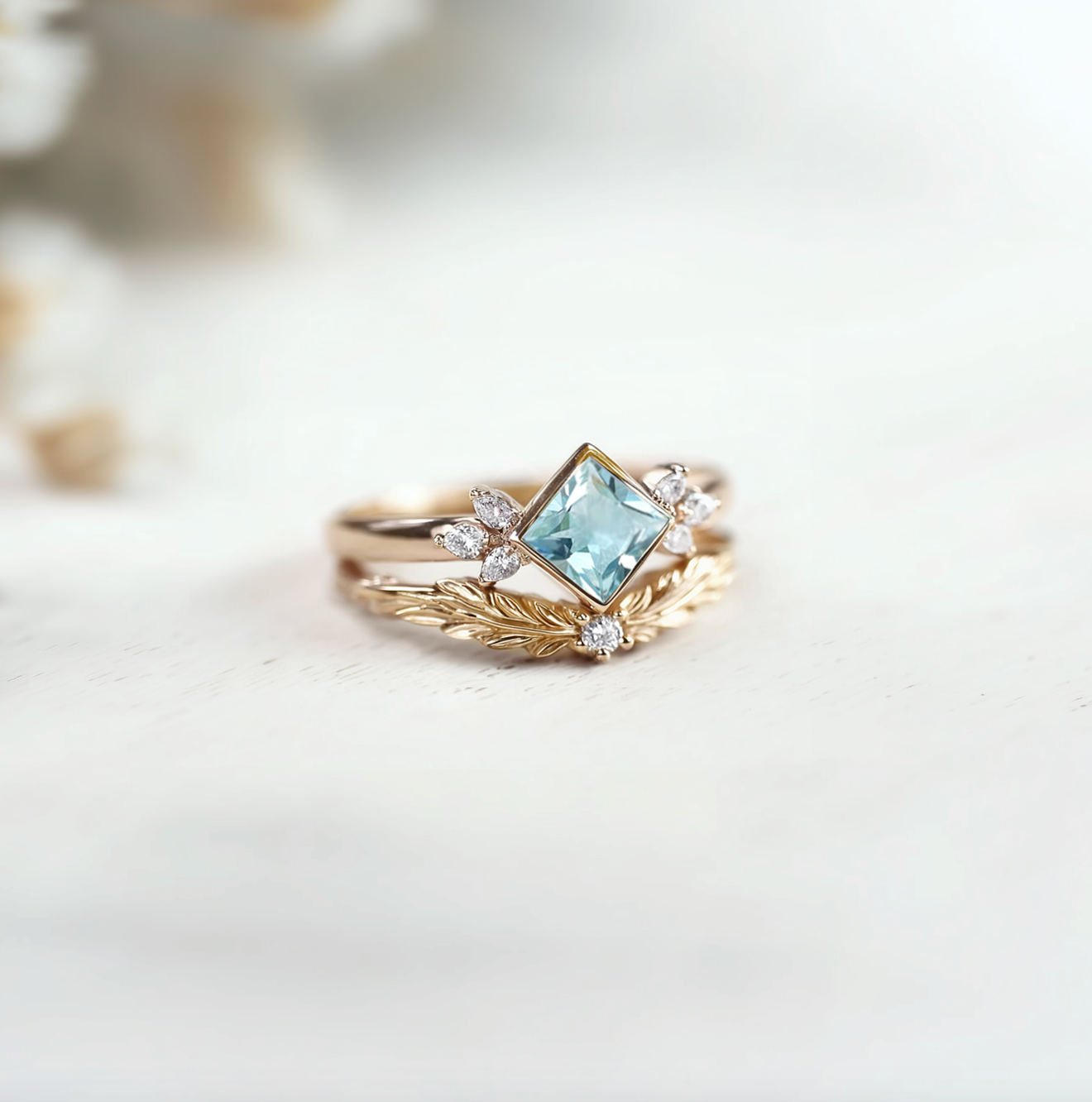 Aquamarine Wedding Ring Set, 14k Gold Aquamarine ring