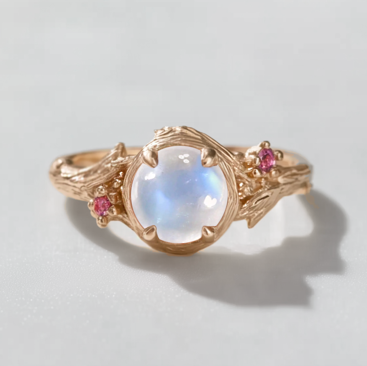 Round Moonstone Engagement Ring Gold, Leafy Moonstone Ring
