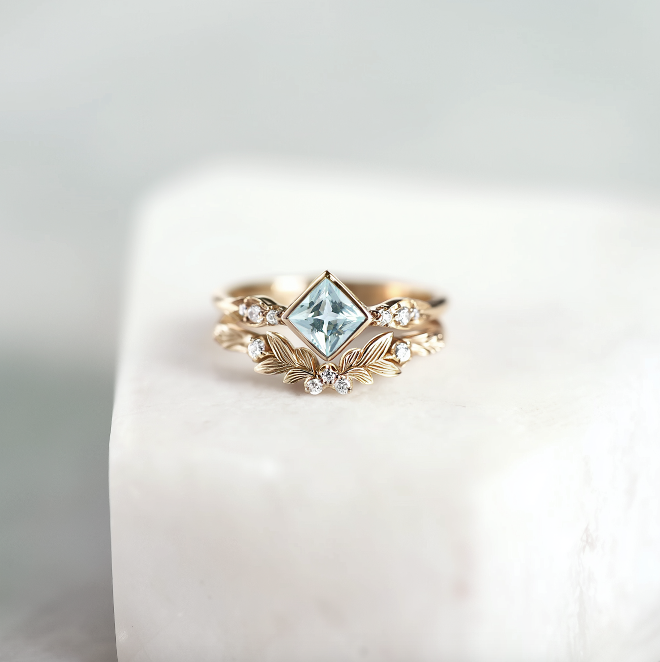 Yellow Gold Aquamarine Wedding Ring Set, Princess Cut Aquamarine ring