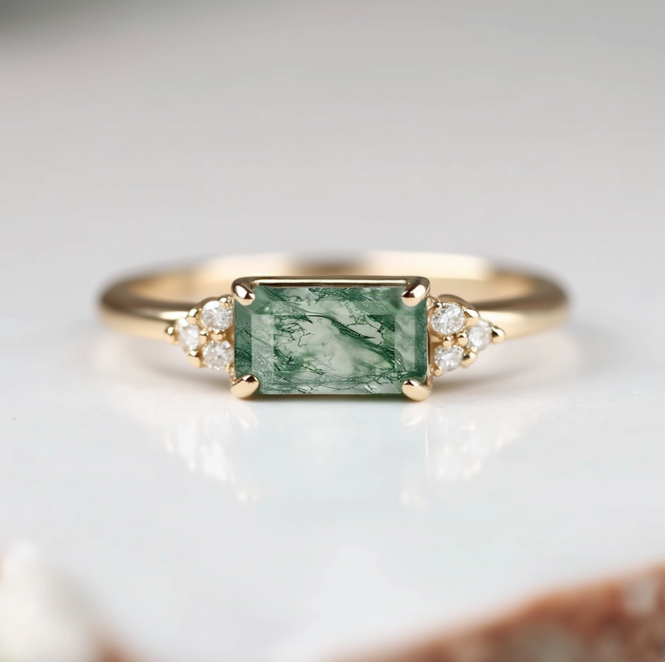 14k Gold Rectangle Moss agate ring with diamond, Engagement ring, Moss agate Ring