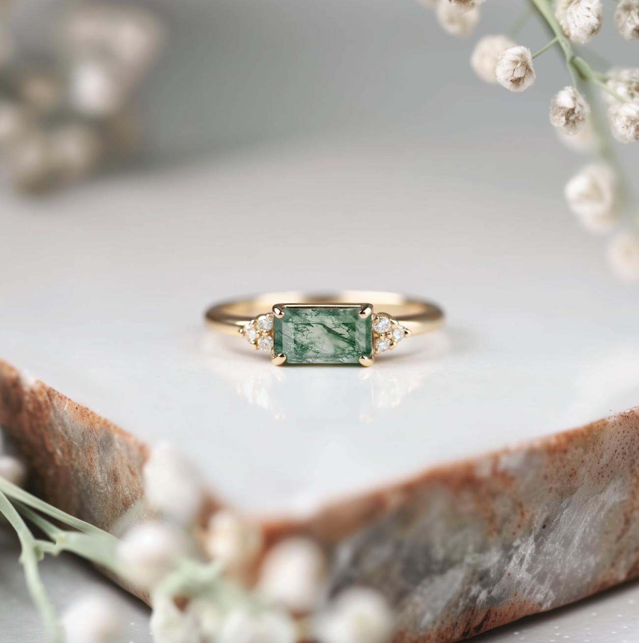 Gold ring with a green gemstone on a stone surface with flowers