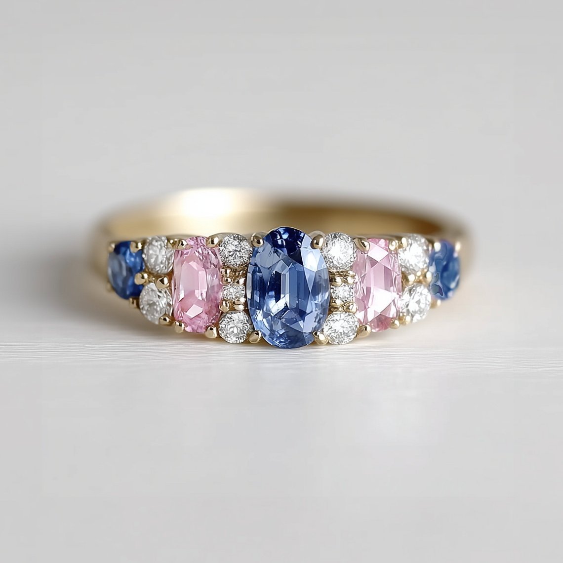 Ring with pink, blue, and white gemstones on a light gray background