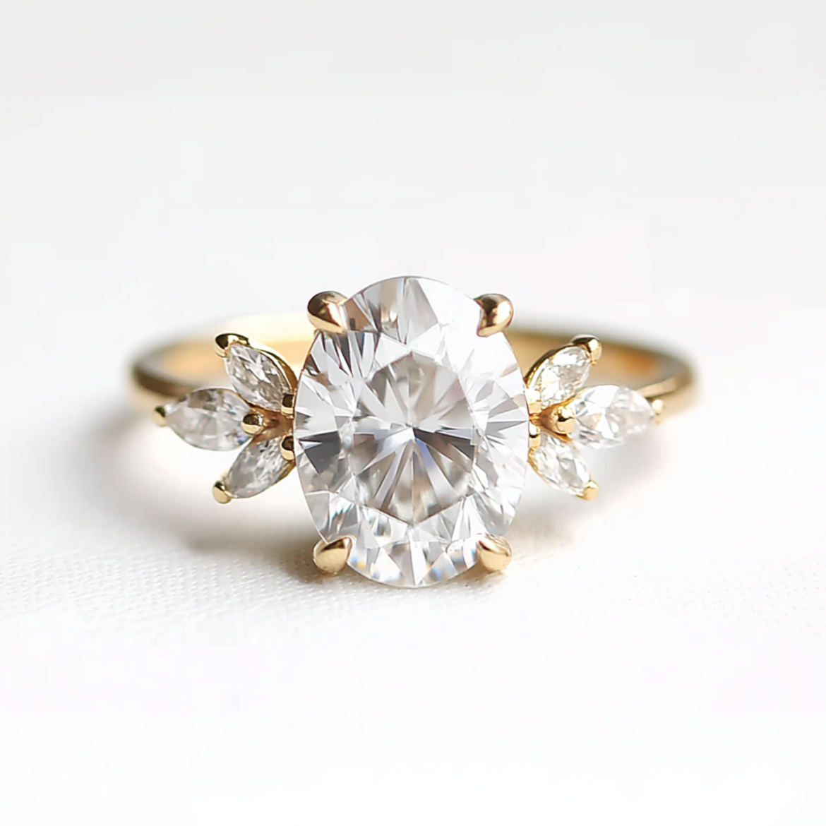 2 carat Oval Cut Lab Diamond Engagement Ring, Angel's wing Diamond Engagement Ring