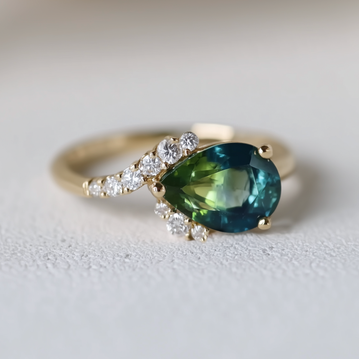 Starlit Green Blue Sapphire ring, Classic Sapphire Engagement ring