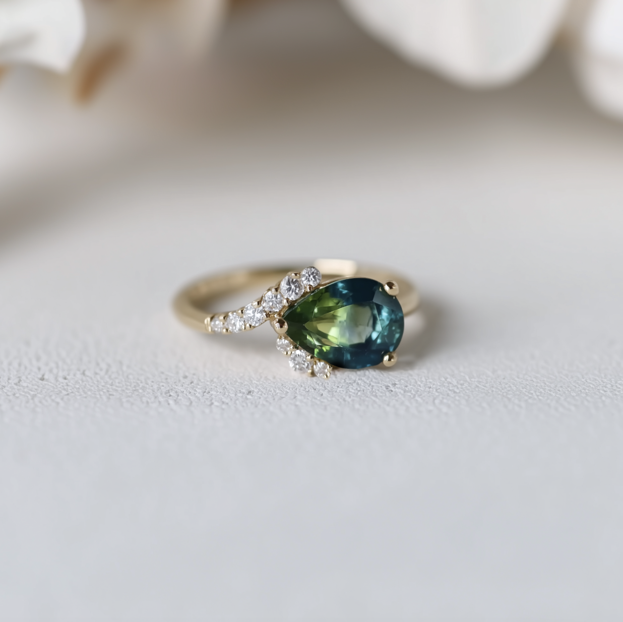 Starlit Green Blue Sapphire ring, Classic Sapphire Engagement ring