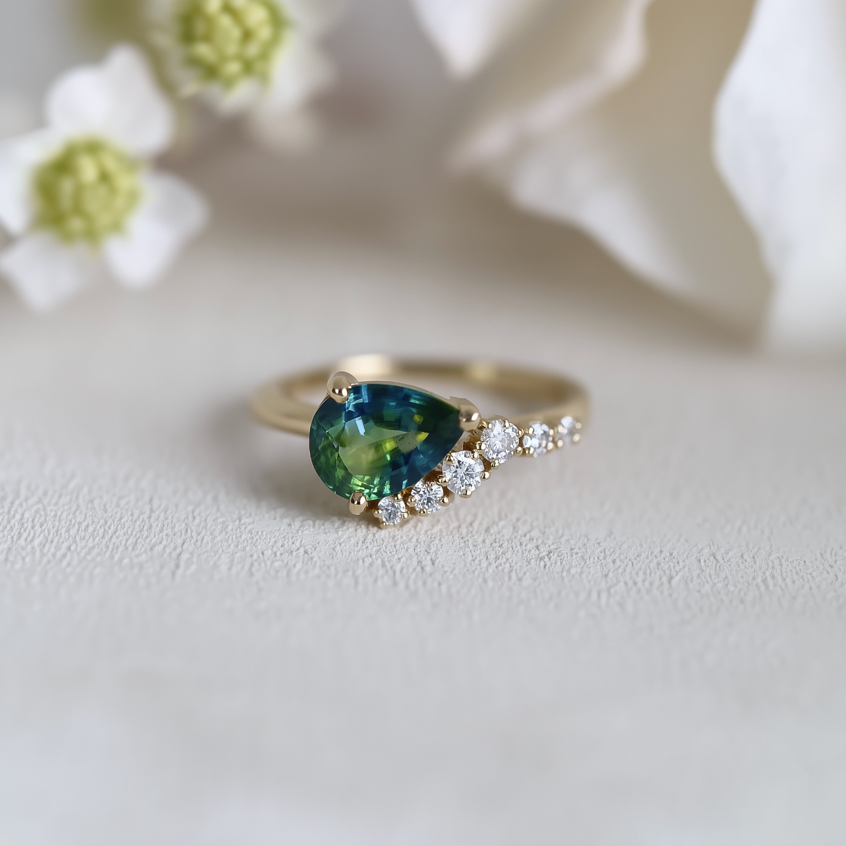 14k Gold Green Blue Sapphire ring, Classic Pear Sapphire Engagement ring