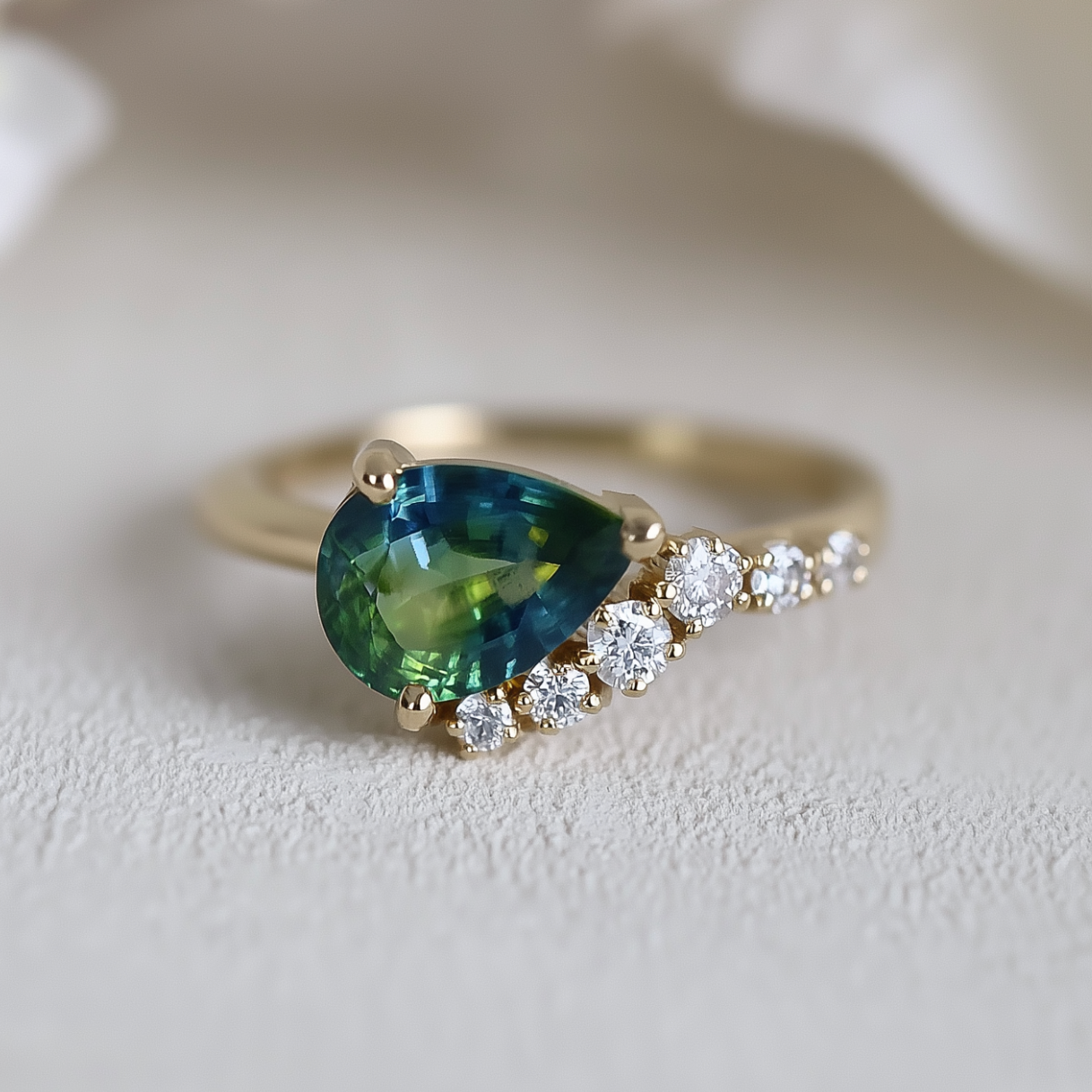 14k Gold Green Blue Sapphire ring, Classic Pear Sapphire Engagement ring
