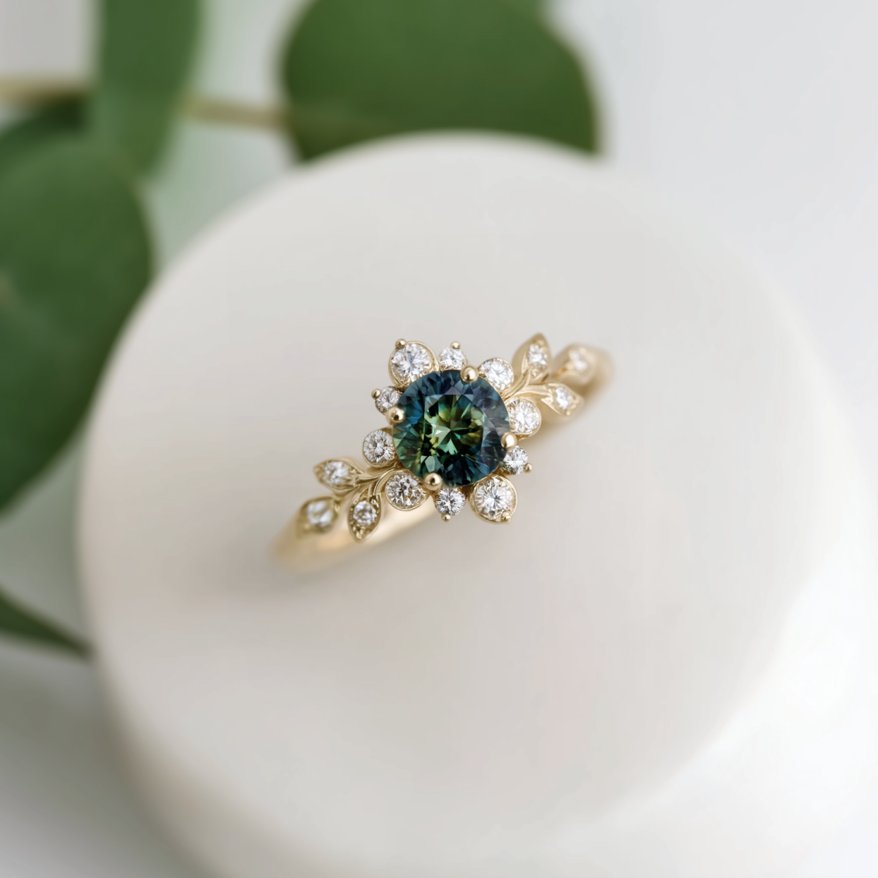 Blooming Forest Sapphire ring, 14k Gold Blue Green Sapphire Engagement ring