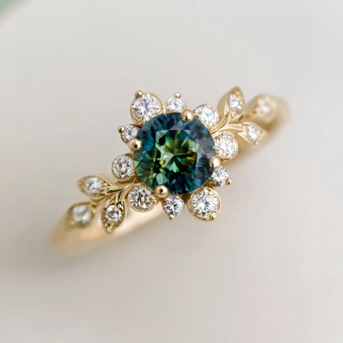 Blooming Forest Sapphire ring, 14k Gold Blue Green Sapphire Engagement ring