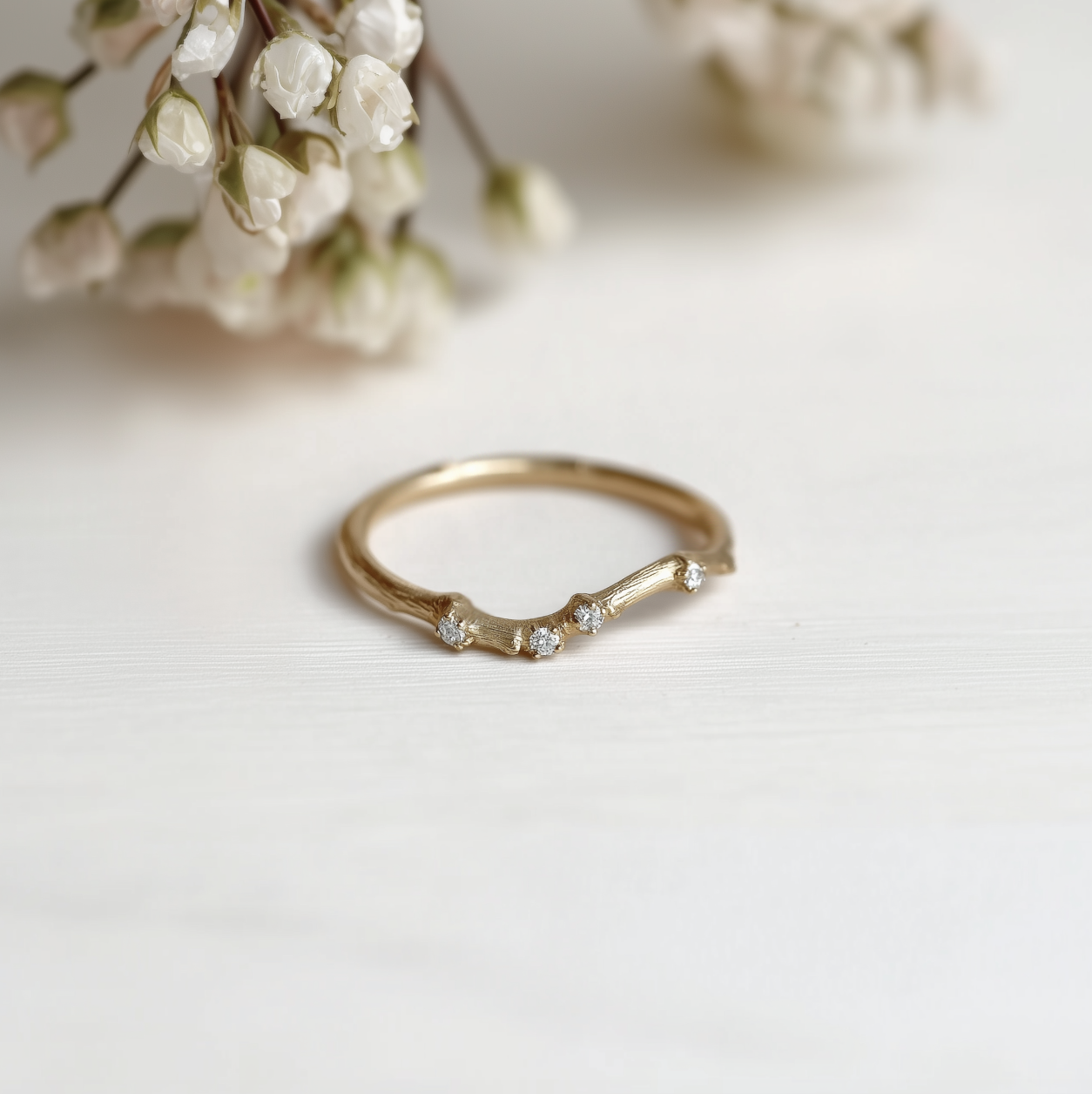 14k Gold Diamond Twig Wedding Ring, Wedding Matching Band Nature Inspired