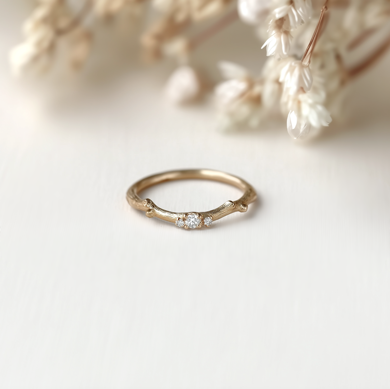 14k Gold Simple Diamond Twig Wedding Ring, Wedding Stacking Band Nature Inspired