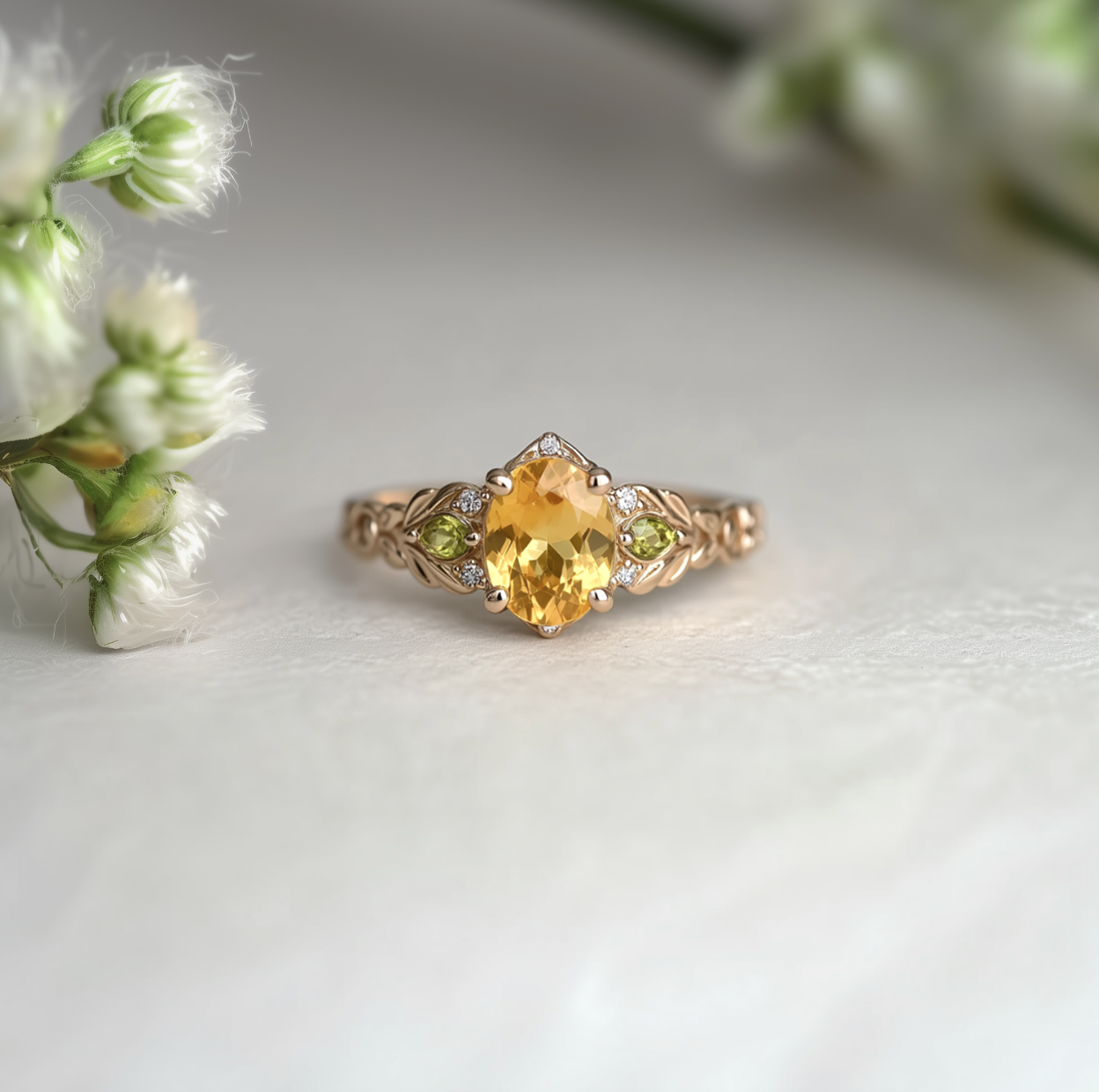 Oval Yellow Citrine Engagement Ring, Solid Gold Citrine Engagement Ring
