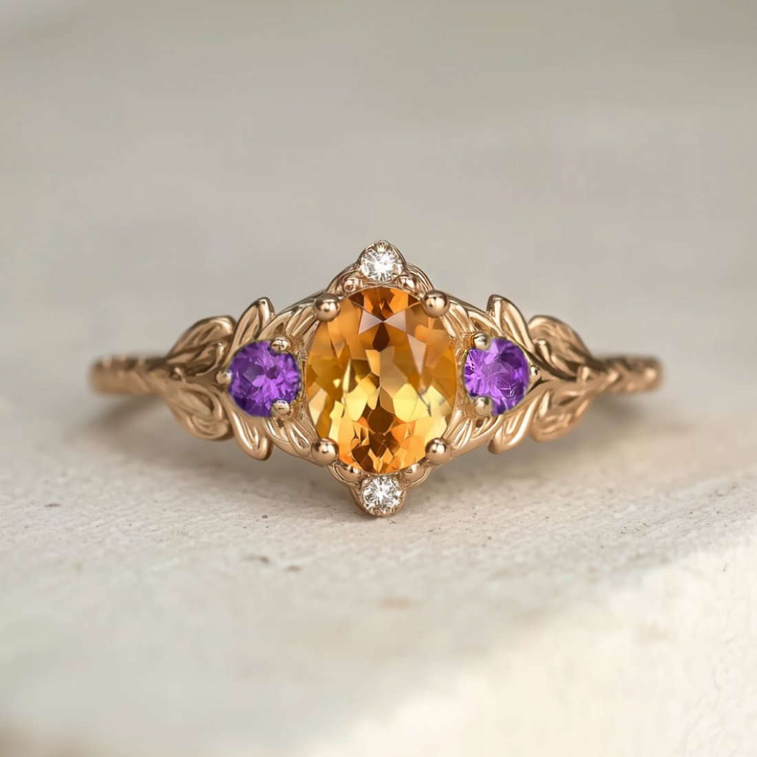 Gold ring with a central orange gemstone flanked by purple stones on a light background