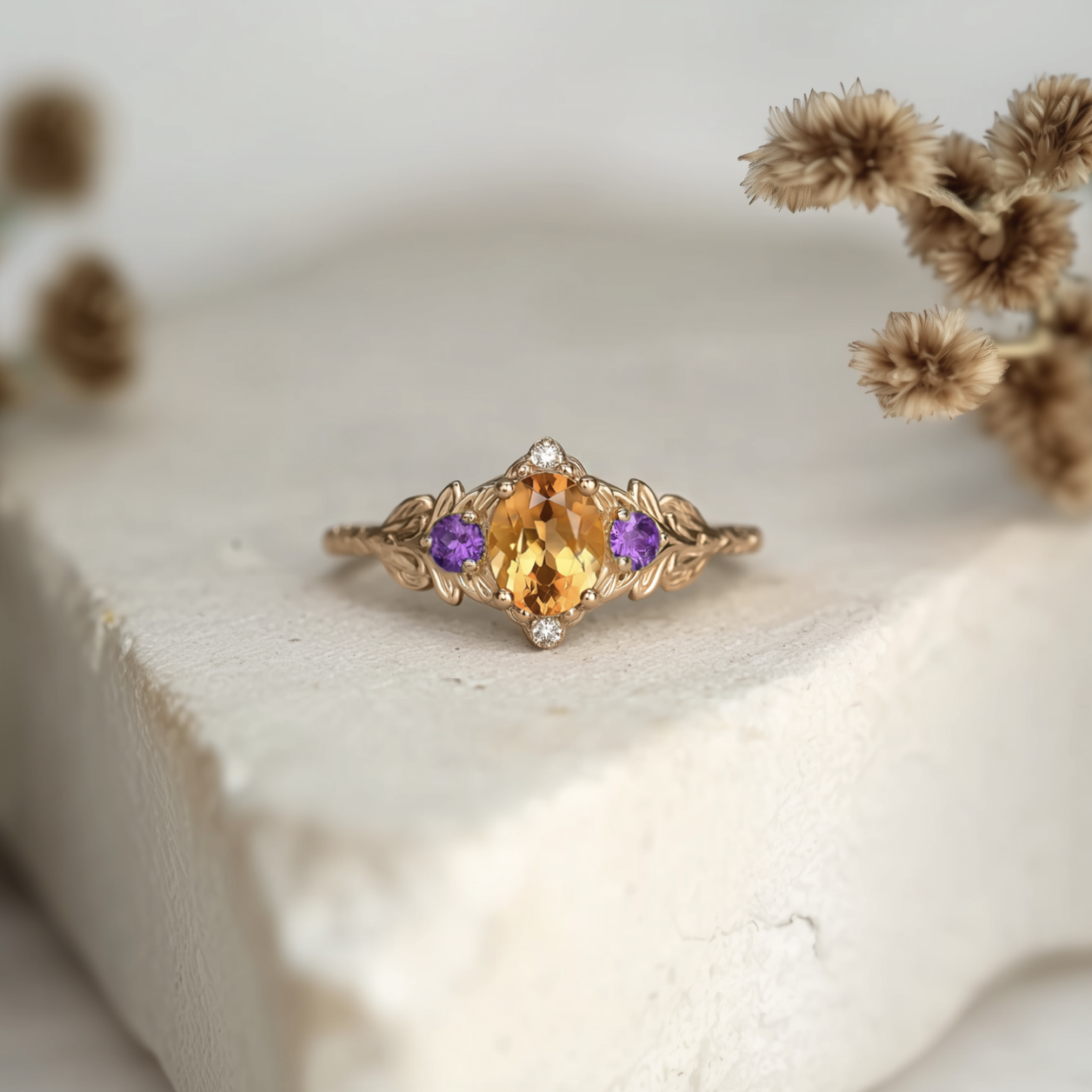 Yellow Citrine and Amethyst Engagement Ring, Solid Gold Citrine Engagement Ring