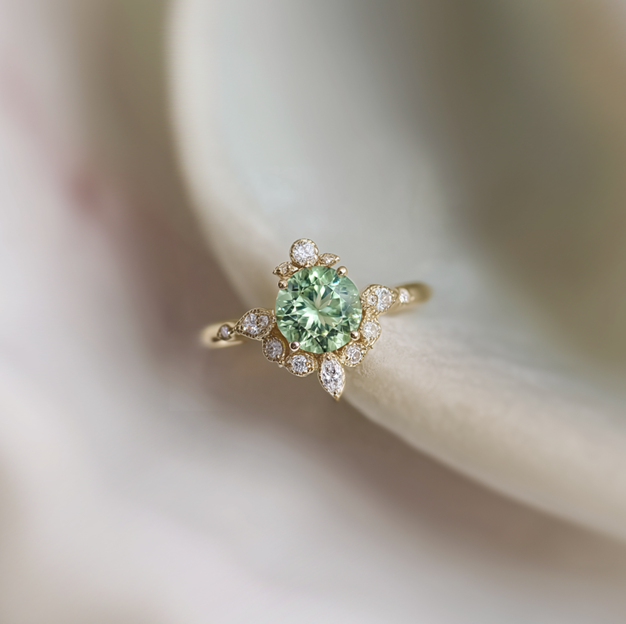 14k Gold Green Tourmaline Engagement Ring, Oct birthstone Engagement Ring