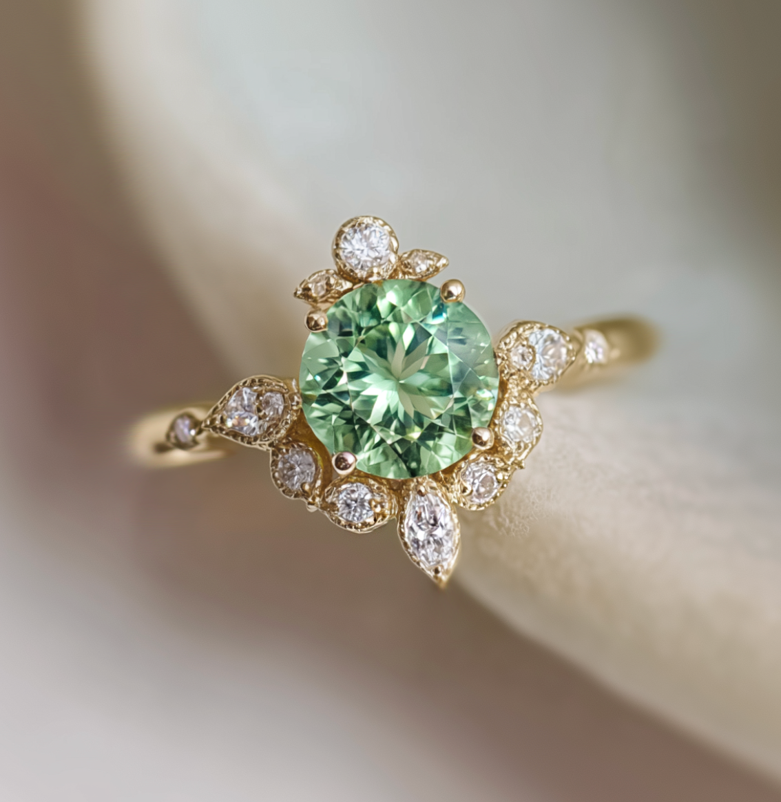 14k Gold Green Tourmaline Engagement Ring, Oct birthstone Engagement Ring