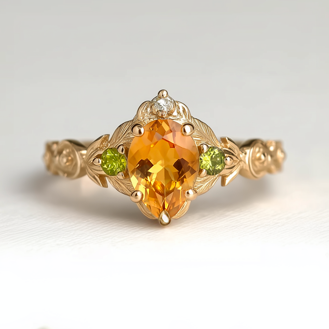 Gold ring with a yellow gemstone and green accents on a light background