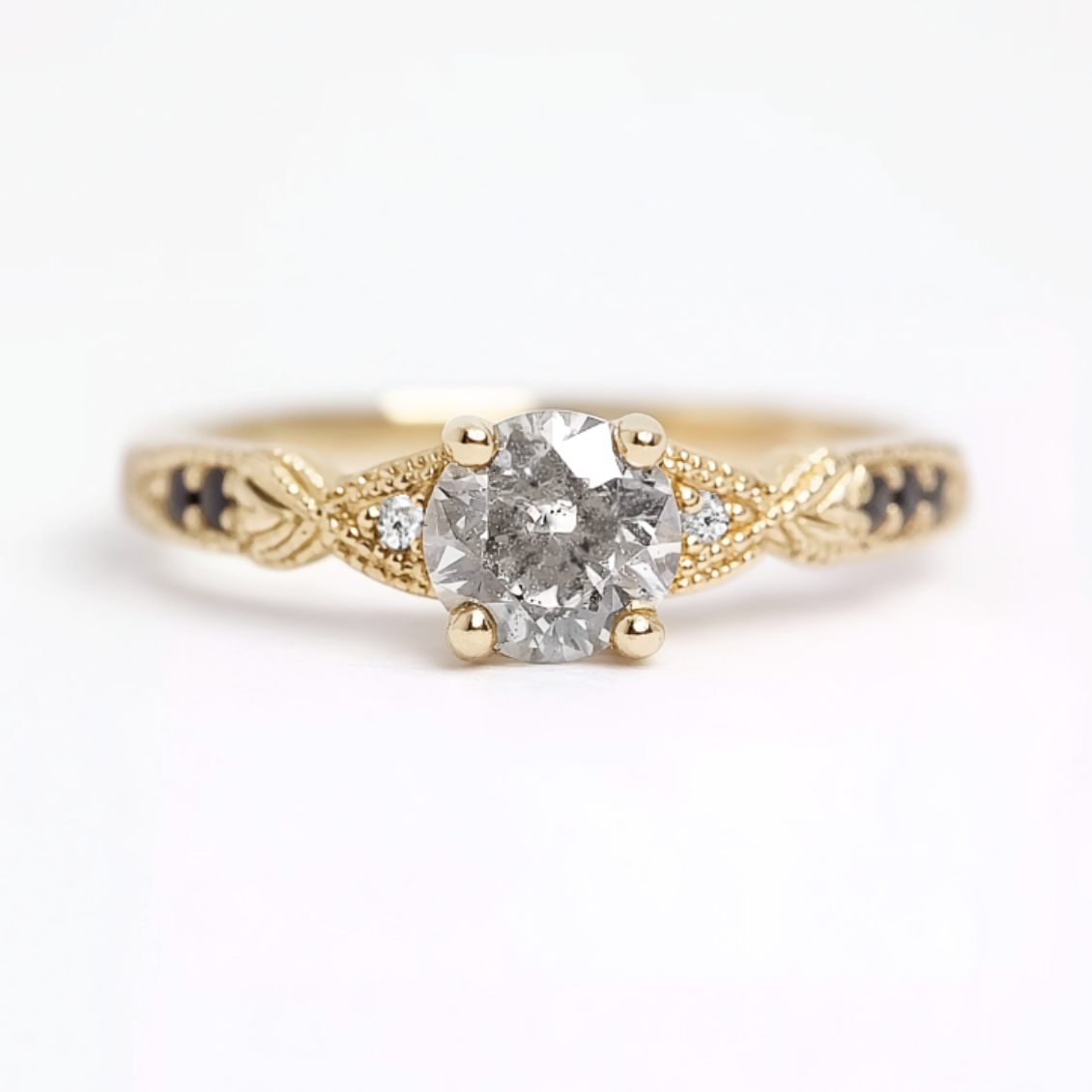 Dainty Salt and Pepper Diamond Ring, Stackable Diamond Engagement Ring